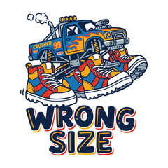 Monster truck and colorful sneakers illustration with wrong size text © MdAnisul