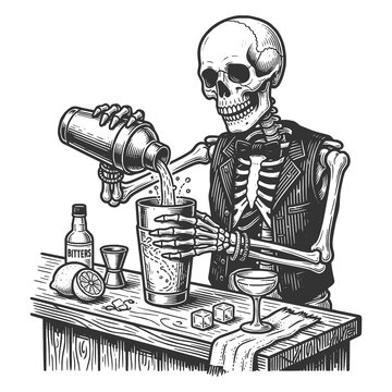 skeleton bartender shaking a cocktail mixer beside ice, citrus, mint, and bar tools sketch engraving generative ai fictional character raster illustration. Scratch board imitation. Black and white.