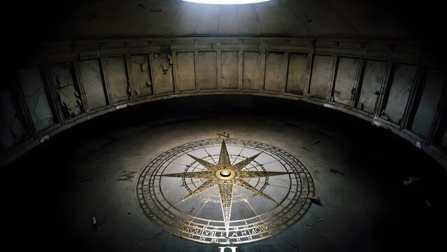 A monumental floor compass whose cardinal arms are inscribed with sacred law instead of directions, representing the law as the orienting center of conscience and decision, inside a deserted navigatio