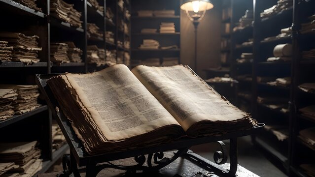 A massive codex of sacred law resting open on an iron reading stand as a symbol of intellectual and moral burden, within a dim archival chamber lined with towering shelves of brittle manuscripts and s