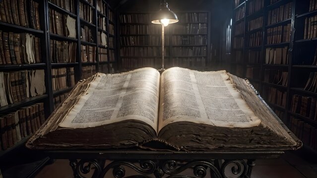 A massive codex of sacred law resting open on an iron reading stand as a symbol of intellectual and moral burden, within a dim archival chamber lined with towering shelves of brittle manuscripts and s