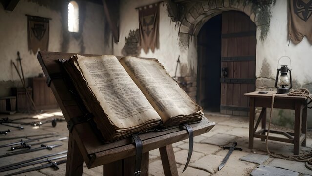 A law manuscript opened on a guardpost lectern where civic duty and sacred command intersect, overlooking a fortified gate interior with watch tools, banners, and quiet emptiness before the day begins
