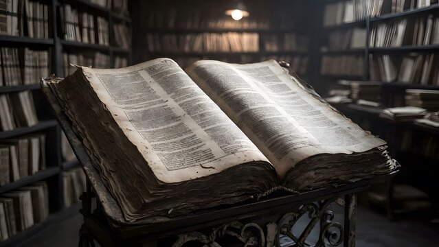 A massive codex of sacred law resting open on an iron reading stand as a symbol of intellectual and moral burden, within a dim archival chamber lined with towering shelves of brittle manuscripts and s