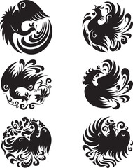 Ornate black phoenix and rooster circular logo set featuring traditional asian style line art silhouettes © Nusrat