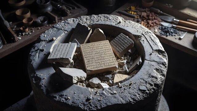 A heavy stone mortar containing fragments of broken commentary tablets around an intact sacred law piece, symbolizing the tension between interpretation and unaltered command inside a scholar&rsquo;s materi
