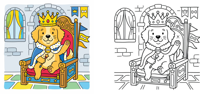 Cute dog king sitting on throne coloring page for kids, golden retriever character in castle with crown, colored and black and white outline vector illustration