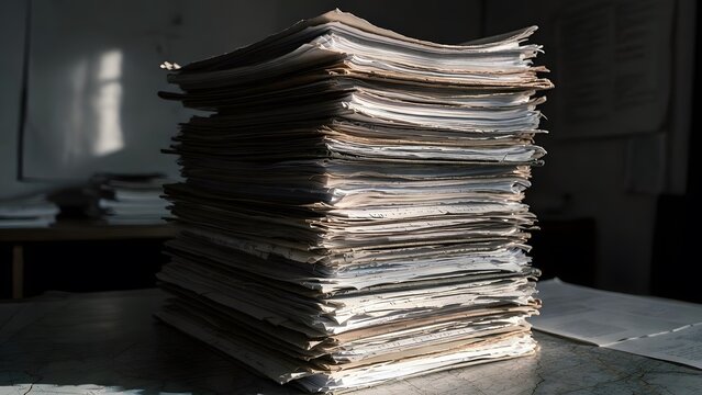 A fortress-like stack of annotated legal folios rising vertically like a defensive tower, representing the accumulated seriousness of interpretation inside a dim strategy room with maps, reference peg