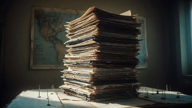 A fortress-like stack of annotated legal folios rising vertically like a defensive tower, representing the accumulated seriousness of interpretation inside a dim strategy room with maps, reference peg