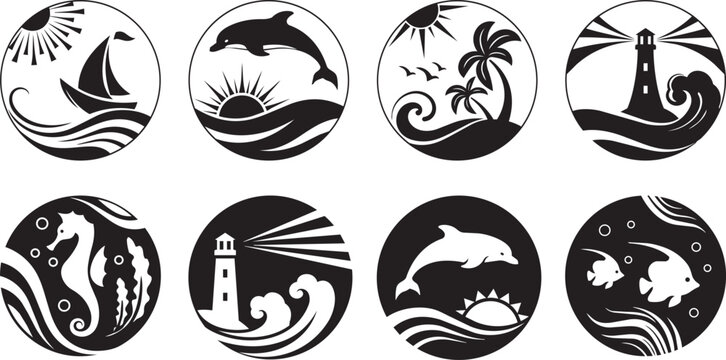 Clean vector ocean logo collection with lighthouse dolphin sailboat and tropical beach icons in round badges
