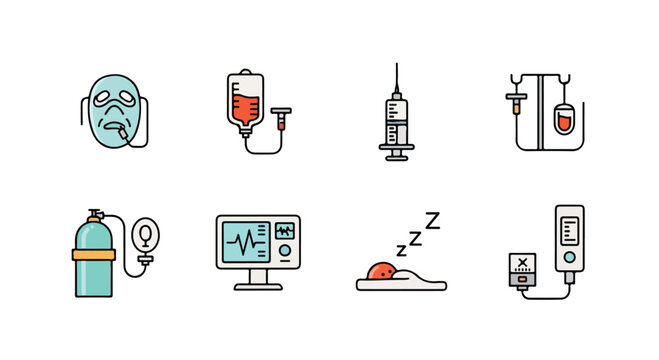 Medical anesthesia icon set, professional hospital surgery equipment vectors, 8 flat line icons for intensive care and patient sedation