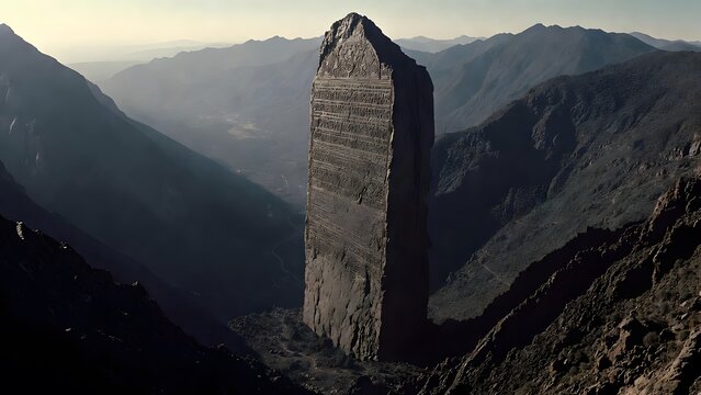 A colossal engraved law tablet emerging from a high mountain ridge above a deep valley, representing the immovable authority and burden of divine decree over the world below, harsh directional sunrise