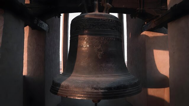 A colossal ceremonial bell covered in sacred legal inscriptions, suspended as the central embodiment of warning, duty, and consequence within an austere bell tower chamber open to a dim horizon, narro