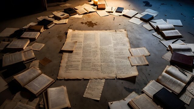 A central sacred law text nearly obscured by accumulated interpretive notes, cross-references, and handwritten inserts, arranged on a scholar&rsquo;s floor amid circles of study materials and markers of pro