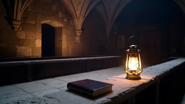 A closed legal codex beside a single brass lantern on a long stone bench, set within an empty night chamber used for deliberation where darkness amplifies the emotional severity of the written word, l