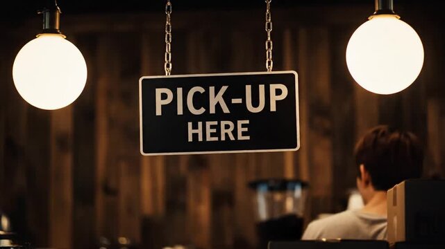 Modern coffee shop pickup counter with barista and hanging sign, cozy cafe interior, warm lighting, takeaway service, small business and hospitality lifestyle concept.