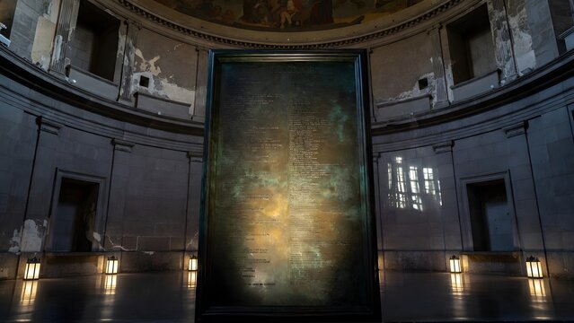 A bronze law plaque engraved with sacred ordinances mounted upright as the central subject inside a shadowed civic rotunda adorned with faded murals and empty alcoves, directional uplight from floor l