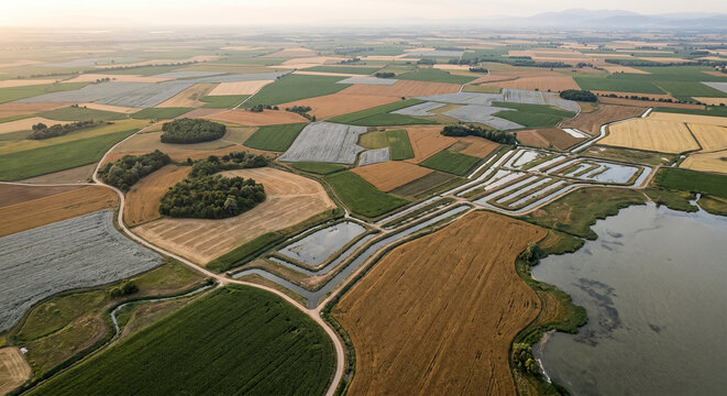 Aerial view of colorful patchwork farmland, winding waterways, and a lake at golden hour