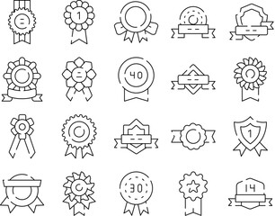 Obraz premium Collection of line icons depicting various achievement badges, quality labels, and award rosettes, symbolizing success, recognition, and excellence for winners and top performers