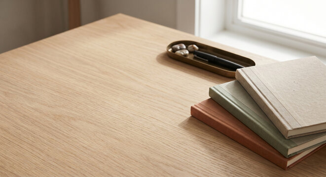Stack of fabric-covered notebooks and a brass pen tray on a light wooden desk by the window