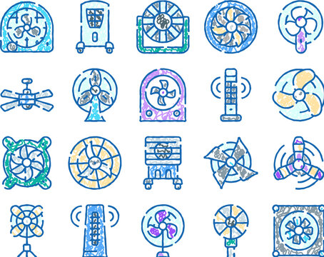 Different types of electric fans and ventilation equipment, including standing fans, ceiling fans, and air coolers, creating a collection of household appliance design elements for climate control