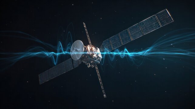 Orbiting Beacon: A sophisticated satellite transmits a vibrant blue signal wave through the vastness of space, symbolizing communication and technological advancement.