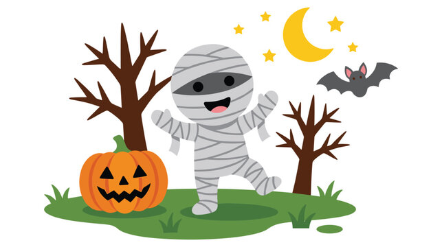 Cute child in mummy costume standing next to pumpkin.