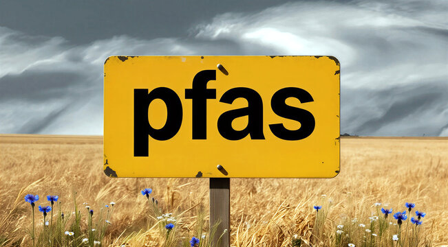 Yellow rustic sign with the word pfas standing prominently in a wheat field under stormy skies