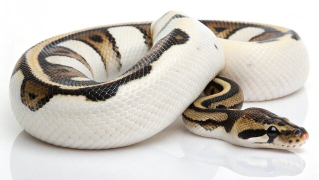 Isolated Panda Pied ball python morph on a solid white studio background