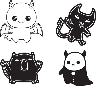Cute little devil character vector set in kawaii line art and high contrast silhouettes