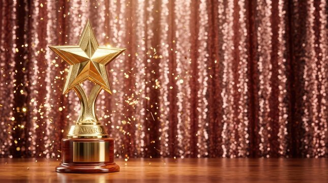 A shiny golden star trophy stands proudly on a wooden pedestal against a backdrop of sparkling rose gold sequins. The trophy gleams with a warm, inviting light.