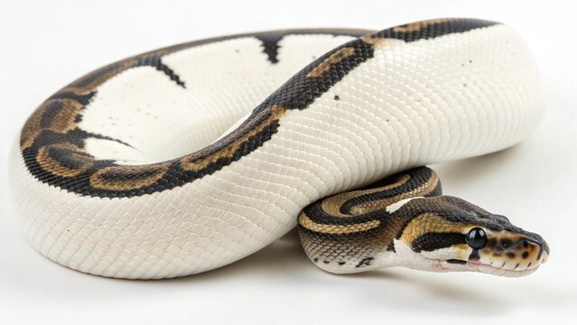 Isolated Panda Pied ball python morph on a solid white studio background