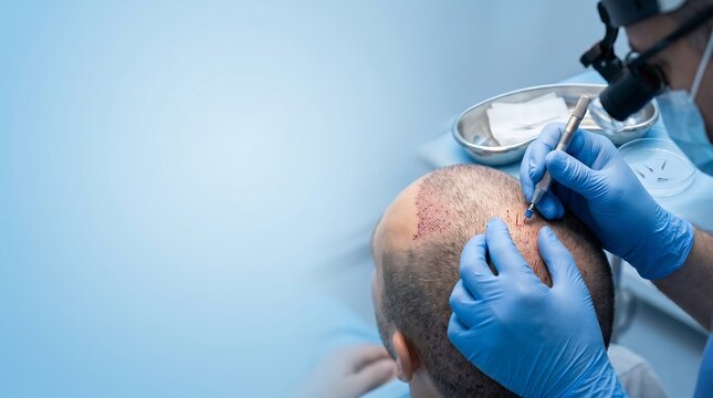 Hair Transplant Surgeon Performing FUE Graft Implantation on Bald Scalp in Modern Clinic