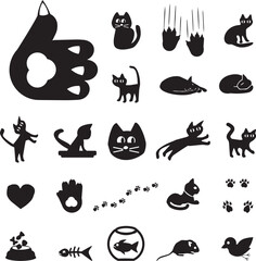 Fototapeta premium Black cat silhouette icon set with paw prints and fishbone elements