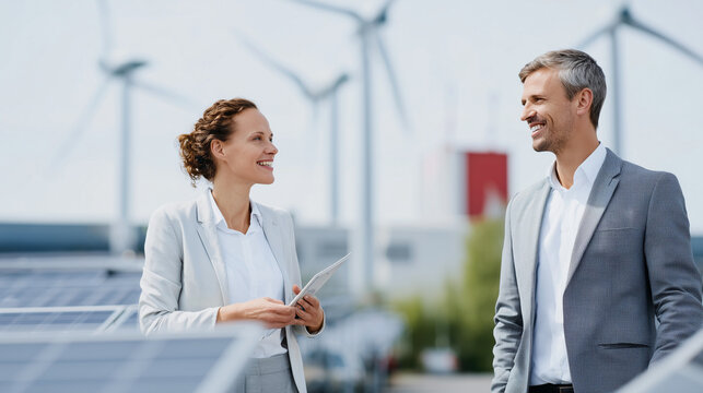 Business professionals standing near solar panels with wind turbines in the background discussing sustainable energy and green technology solutions.