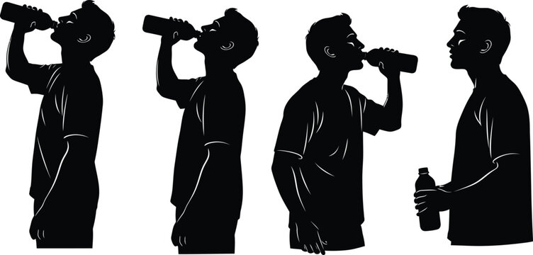 Man drinking water from bottle silhouettes set with male characters refreshing and hydrating themselves