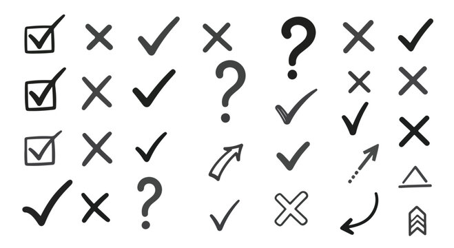 Hand drawn check marks and cross icons set, black ink sketch tick and x symbols, doodle question marks and arrows for checklist and survey