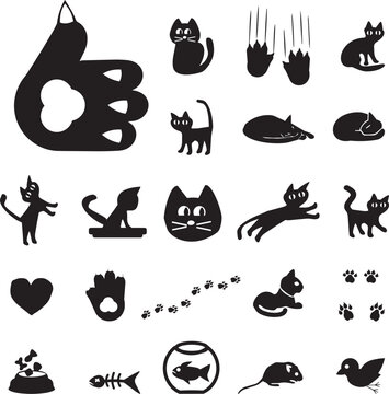 Black cat silhouette icon set with paw prints and fishbone elements