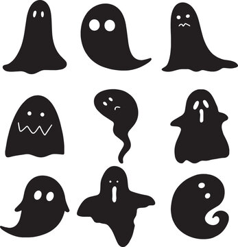 Minimalist spooky ghost silhouette icon set vector collection for Halloween graphics