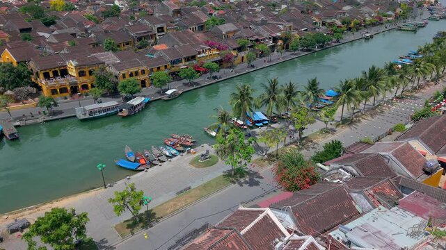 Aerial panoramic view of Hoi An city, Da Nang province, Vietnam. Panoramic footage of Hoian ancient town, UNESCO world heritage. One of the most travel popular touristic destinations 