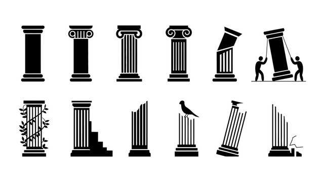 Collection of ancient greek and roman columns and architectural elements with architecture, corinthian
