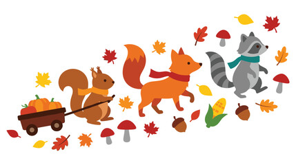 Autumn forest animals walking with wagon and corn. © Ojufa