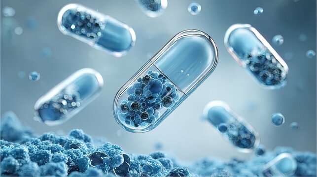 Transparent Blue and White Capsules Releasing Active Ingredients, Pharmaceutical Molecules and Nanotechnology, Modern Drug Delivery System Concept Illustration