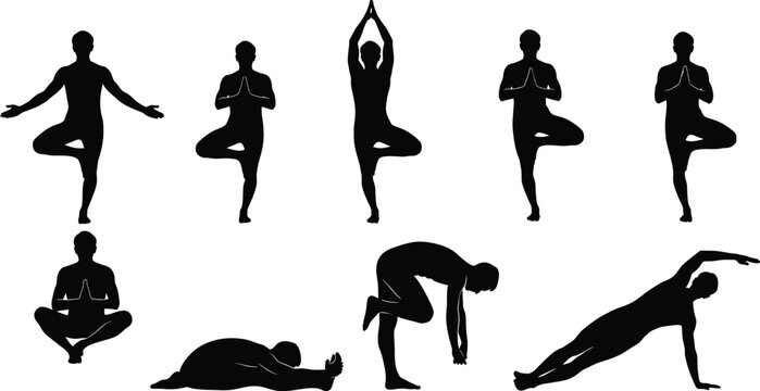 Man practicing yoga poses silhouettes set showing male athlete exercising healthy lifestyle and meditation