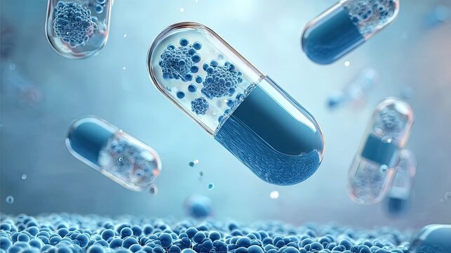 Transparent Blue and White Capsules Releasing Active Ingredients, Pharmaceutical Molecules and Nanotechnology, Modern Drug Delivery System Concept Illustration