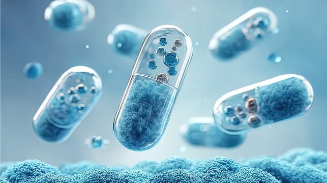 Transparent Blue and White Capsules Releasing Active Ingredients, Pharmaceutical Molecules and Nanotechnology, Modern Drug Delivery System Concept Illustration
