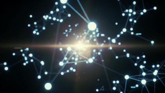 Wide video of an intricate digital network on a deep dark background, push-in to a central node intensely illuminating with a digital lens flare, profound insight concept