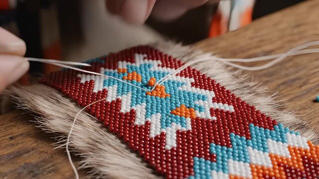 Closeup of hands meticulously beading a traditional Native American pattern onto leather.