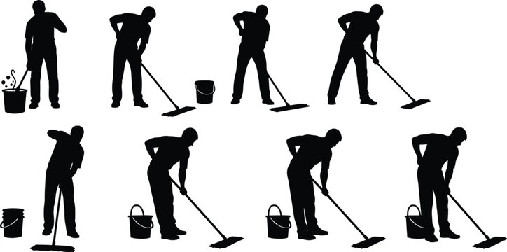 Man mopping floor with bucket silhouettes set representing professional cleaning service domestic housework and sanitation concepts