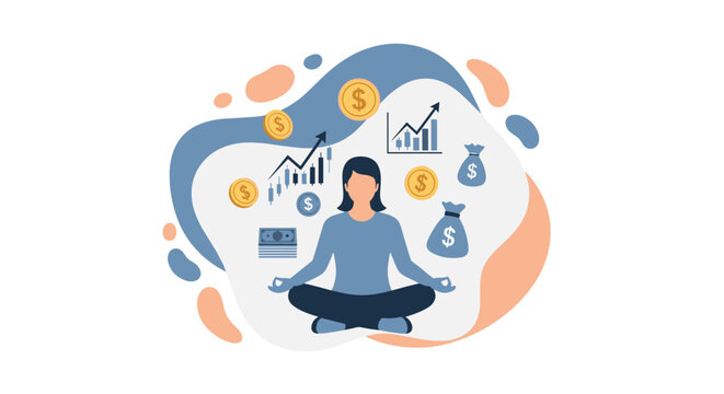 A woman meditates in a lotus position surrounded by floating financial icons like charts money bags and coins against an abstract background on white space.