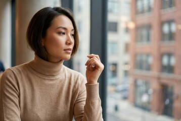 Fototapeta premium Asian woman contemplating urban view from cafe window
